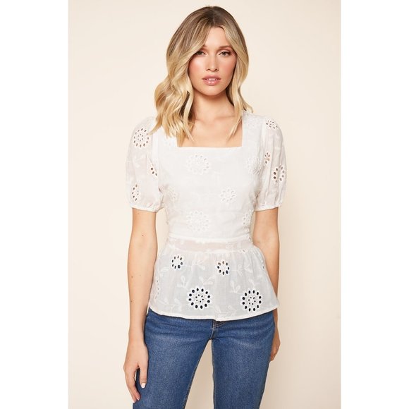 Bella Boho Tops - With A Kiss Short Sleeve Eyelet Peplum Top